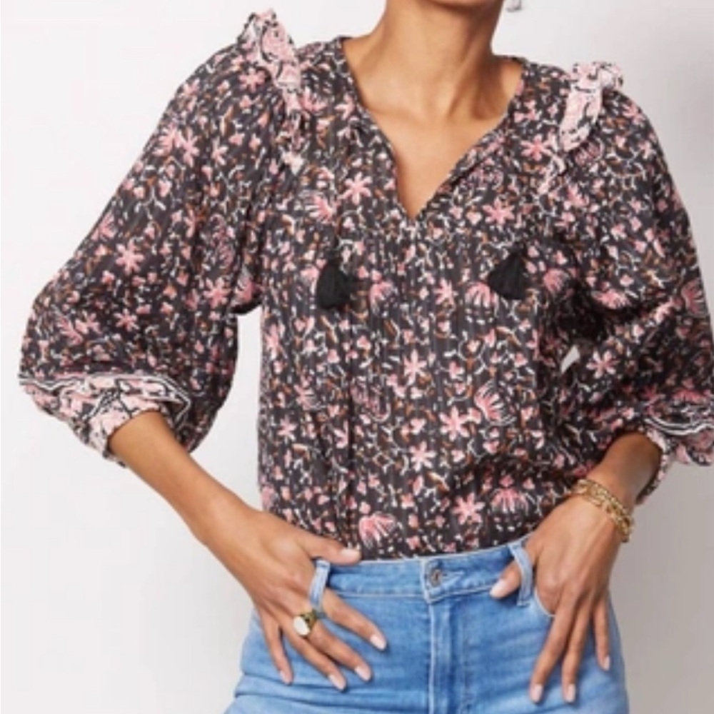 Cleobella Brynlee Blouse Fan Print Black Pink Floral Top XS NWT